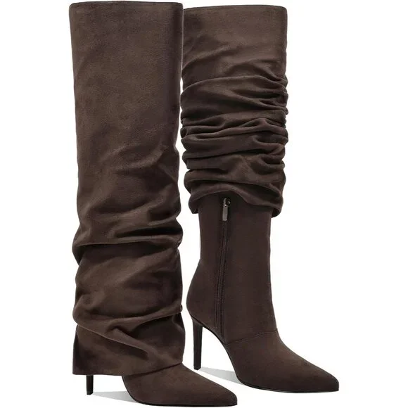 Women's Brown-Suede Knee High Fold Over Wide Calf Pointed Toe Long Heel Boot - Picture 2 of 6